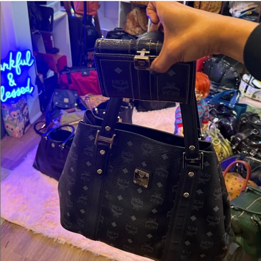 MCM Black and Gray Viestoe Tote Silver Hardware